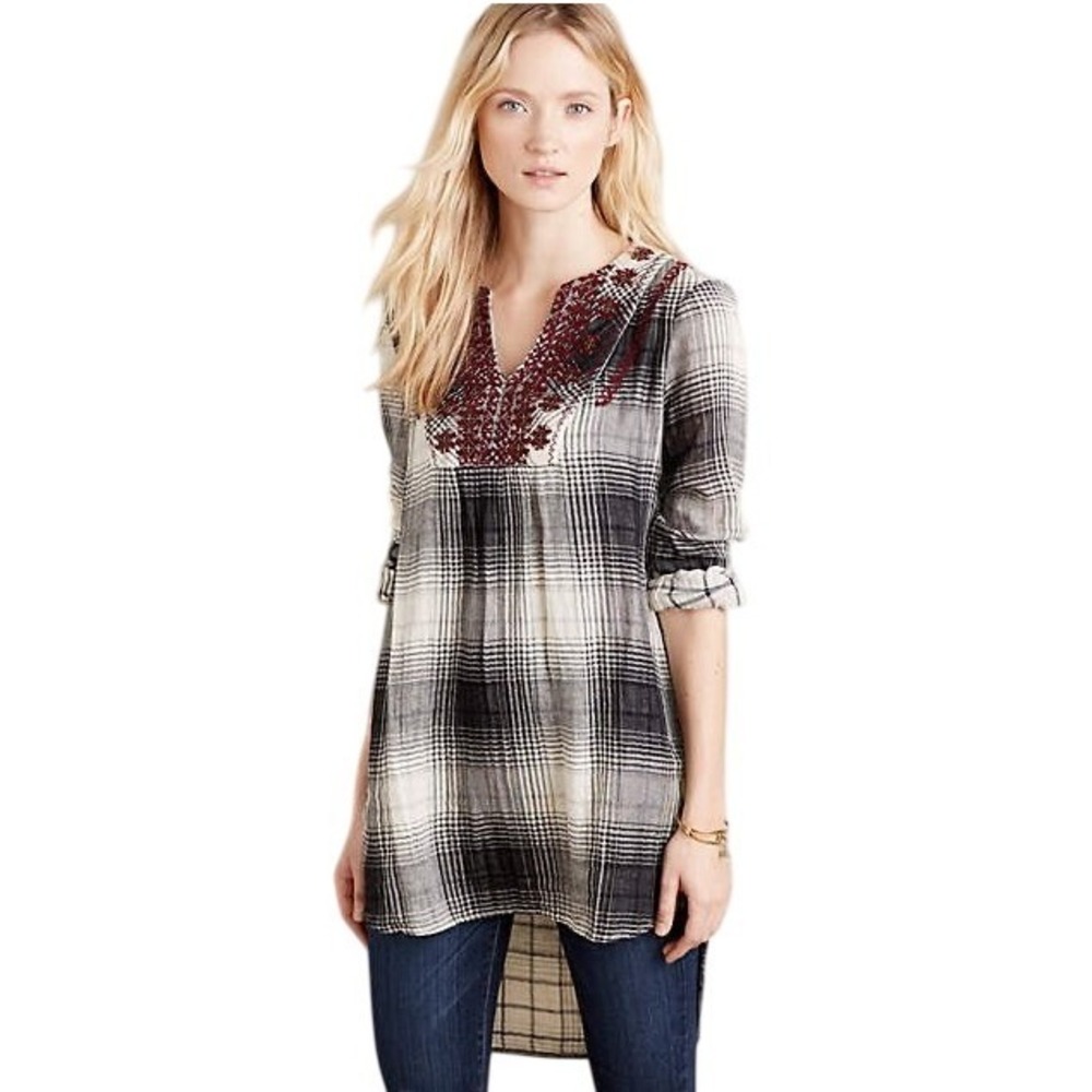 Floreat Anthropologie Medium Tunic Top Plaid Embroidered Boho Cottagecore 873